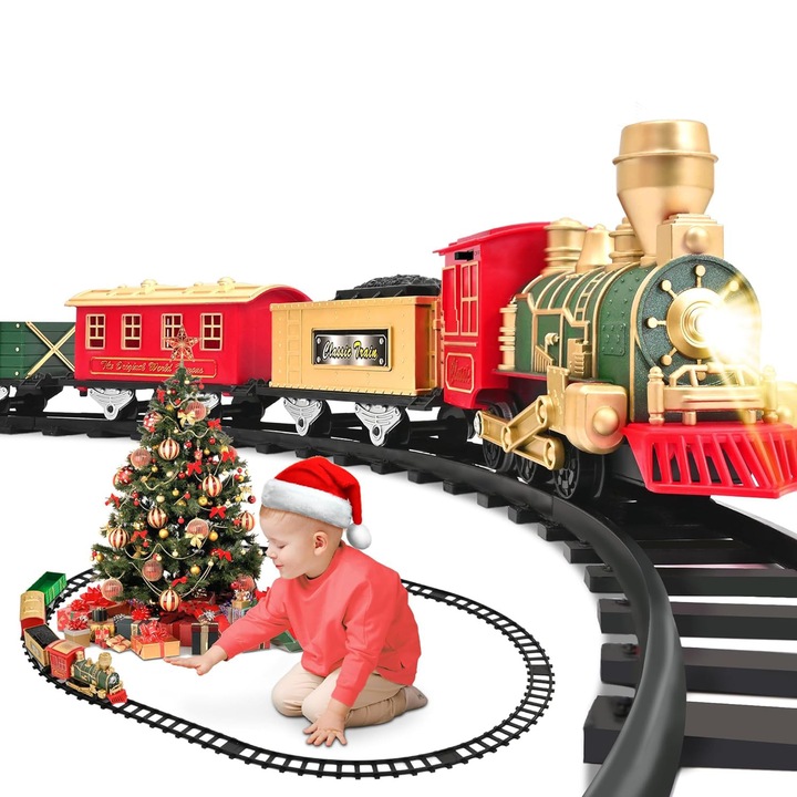 Електрически парен влак за деца, със звукови ефекти и светлини, 4 вагона, 10 релси, 57,5x8,9 см, многоцветен, 3+ години