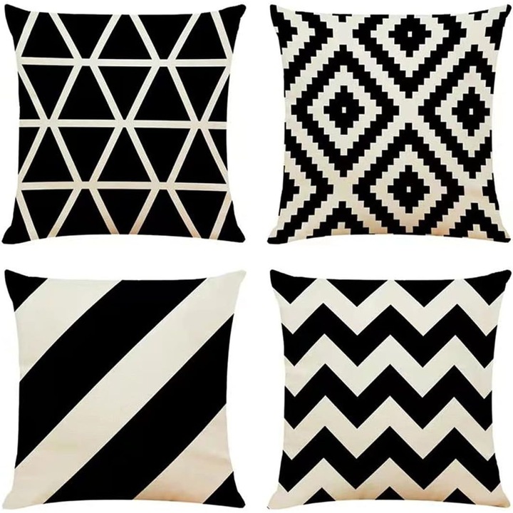 Set 4 fete de perna decorative, geometric, negru, 45x45cm