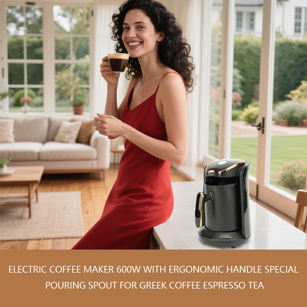 Cafetiera electrica 600W, Aparat de cafea turcesc Espresso, cana de cafea greaca 300ml cu cioc special si maner ergonomic, Pentru birou Acasa Cafenea Fierbator, negru