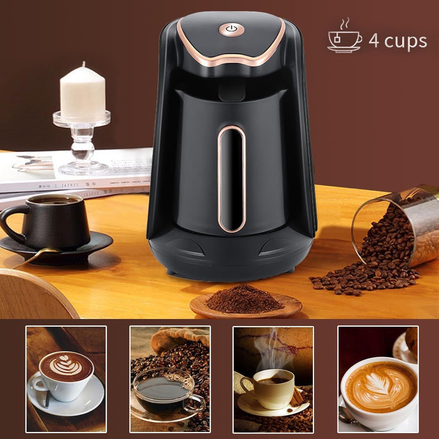 Cafetiera electrica 600W, Aparat de cafea turcesc Espresso, cana de cafea greaca 300ml cu cioc special si maner ergonomic, Pentru birou Acasa Cafenea Fierbator, negru