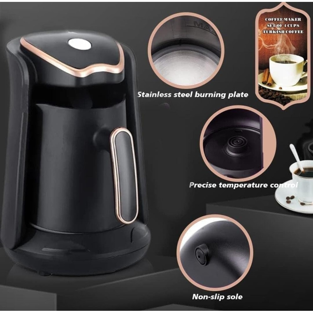 Cafetiera electrica 600W, Aparat de cafea turcesc Espresso, cana de cafea greaca 300ml cu cioc special si maner ergonomic, Pentru birou Acasa Cafenea Fierbator, negru