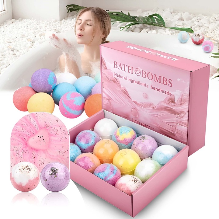 Set cadou 12 bombe de baie, bile de baie efervescente cu arome si culori diferite, cu uleiuri esentiale de sare de mare naturala si unt de shea, 12x60g, pentru adulti si copii, pentru relaxare si Ingrijire a pielii, roz