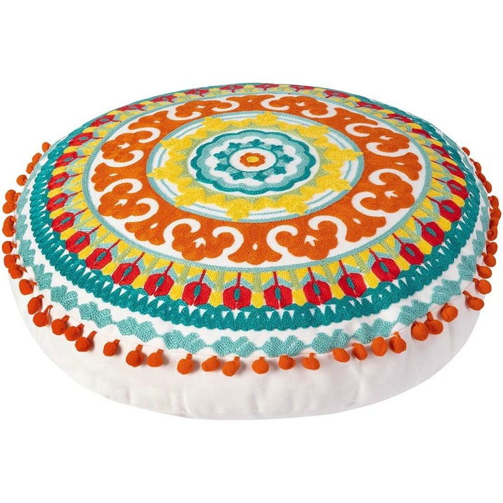 Hímzett bohémt stílusú kerek padlópárna, etnikai boho pamut párna nappaliba, hálószobába, erkélyre, jógaszobába, autóba, irodába, kültérre, lakásdekoráció, színes puff (kb. 45 cm)
