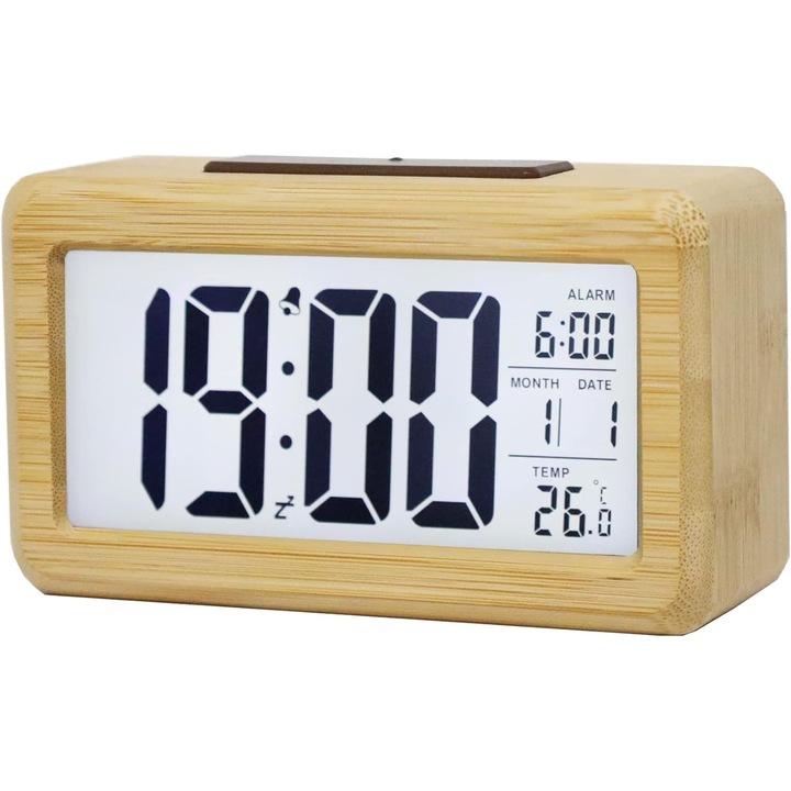 Ceas desteptator digital din lemn, ecran LED mare, lumina de noapte cu senzor inteligent, functii de amanare si temperatura, functionare cu baterii, ceas desteptator cuboid pentru dormitor, noptiera sau birou