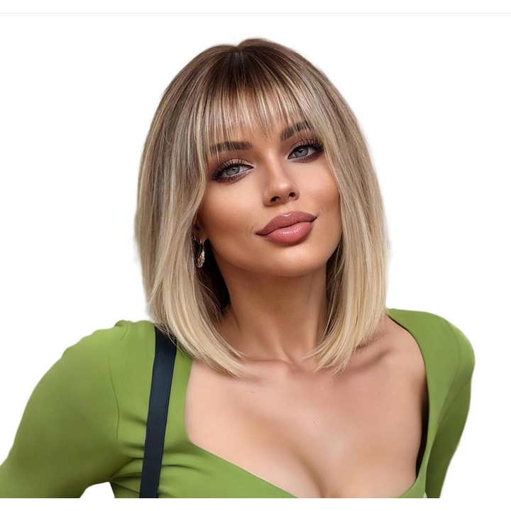 Peruca pentru femei Omelivon®, Bob scurt cu breton, 35cm, Blond degradat