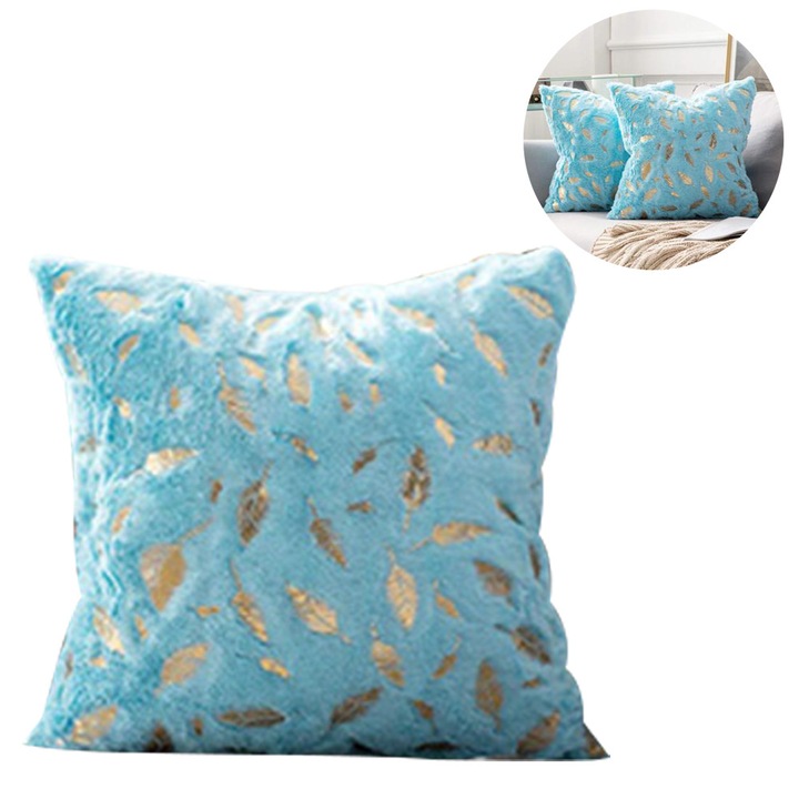 Set de 2 fete de perna cu pene bronzante, huse de perna decorative cu par scurt si fermoar, pentru canapea si dormitor, albastru lac