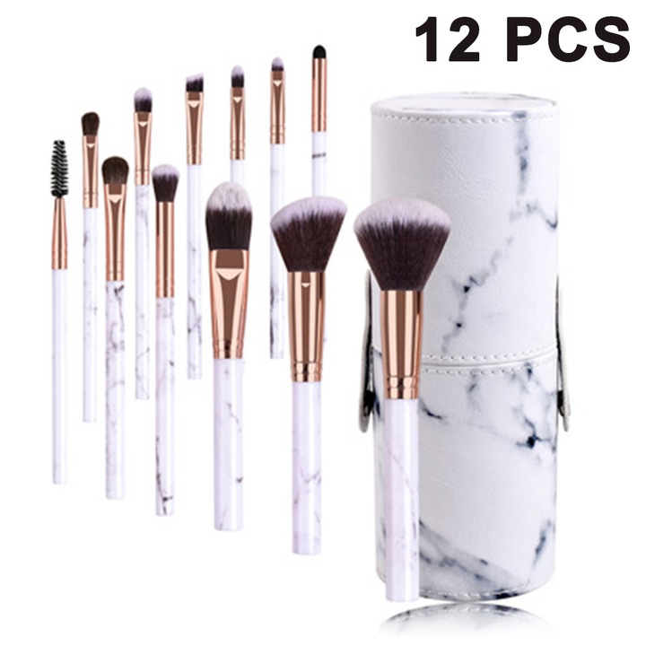 Pensule de machiaj Set profesional de pensule de machiaj din marmura, peri sintetici naturali moi si inodori, 12 buc + geanta/cutie cosmetica cu model de marmura, ambalaj tip butoi