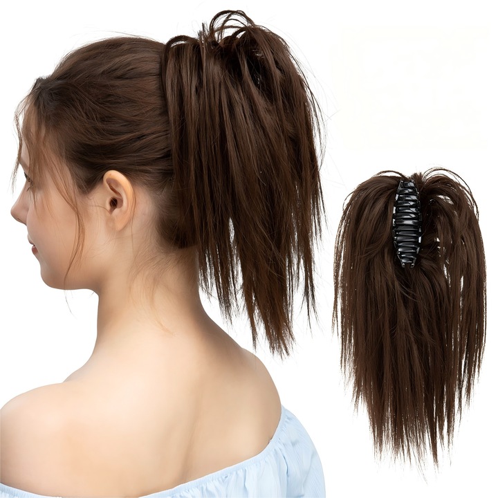 Peruca coada de cal pentru femei Omelivon®, Extensie cu clapeta, Fibre sintetice, 28cm, Maro Mediu​