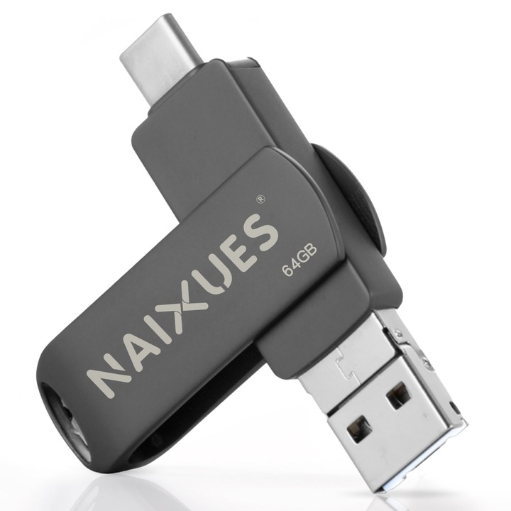 Stick Memorie USB 3.0, NAIXUES®, 64GB, High Speed, Backup fisiere, Flash Drive 4 in 1, Adaptor Type-A, Type-C, Lightning, USB-A, Potrivit pentru telefoane mobile, computere si tablete, Negru gri
