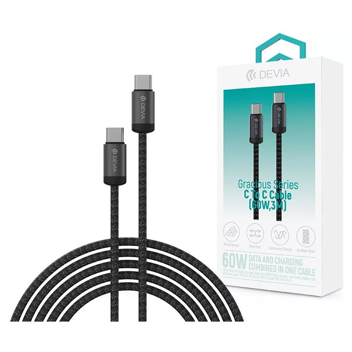 Cablu de date si incarcare Devia Gracious Series 60W PD Type-C/Type-C 3m - negru