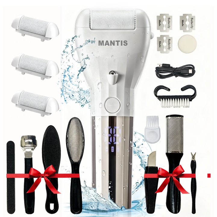 Pila Electrica pentru Calcaie si Talpi MANTIS, Pila set cu afisaj digital, 1200 mAh, incarcare USB, Pila electrica calcaie IPX7, 3 role abrazive, Pila aparat profesional pentru calcaie indepartarea pielii moarte pe calcaie si netezire rapida calcaie