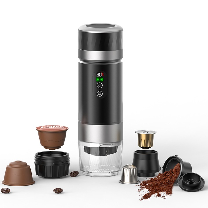 3 az 1-ben hordozható eszpresszógép - SARYTA 2.0, Nespresso kapszulákkal kompatibilis, Dolce Gusto, őrölt kávé, 80 ml-es űrtartalom, Vízmelegítő funkció, 20 bar nyomás, USB C típusú kábeles tápellátás, Fekete szín