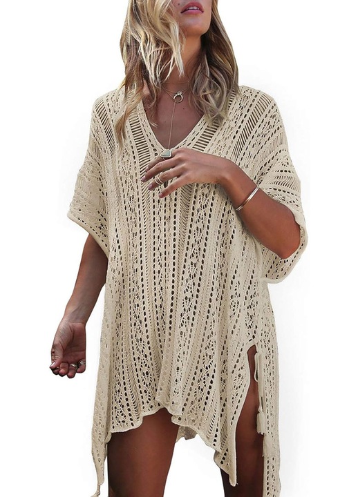 Női strandruha, V-nyakú, poliészter, bézs, univerzális