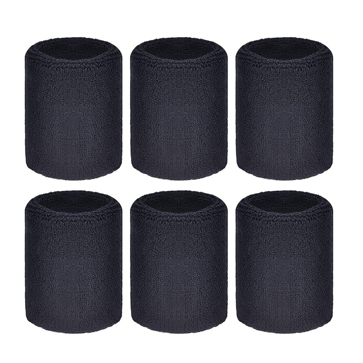 Set 6 benzi de incheietura sport, alb albastru negru, 8x8cm, bumbac latex