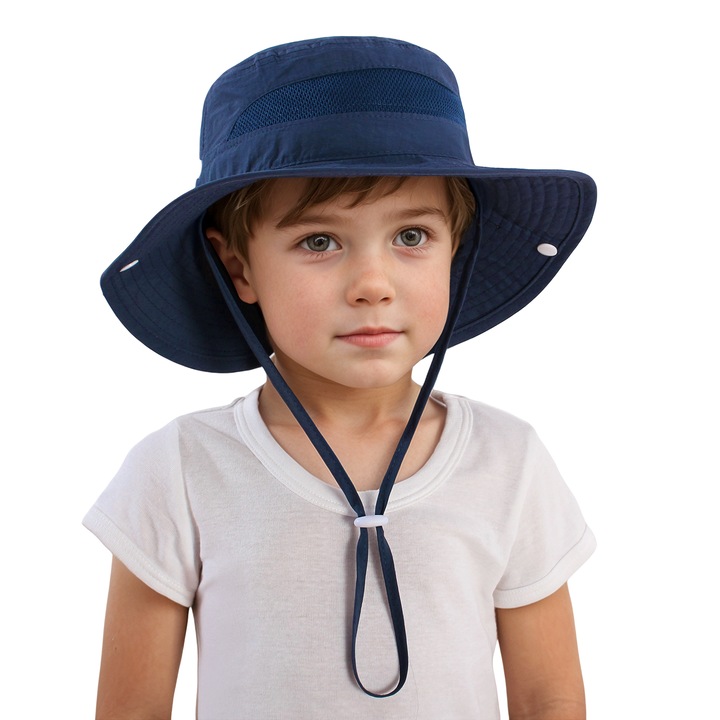 Palarie pliabila cu boruri largi pentru copii, upf 50 +, protectie solara, trecere, potrivita pentru plaja si activitati in aer liber, albastru inchis, circumferinta capului 50-52 cm, potrivita pentru 2-6 ani