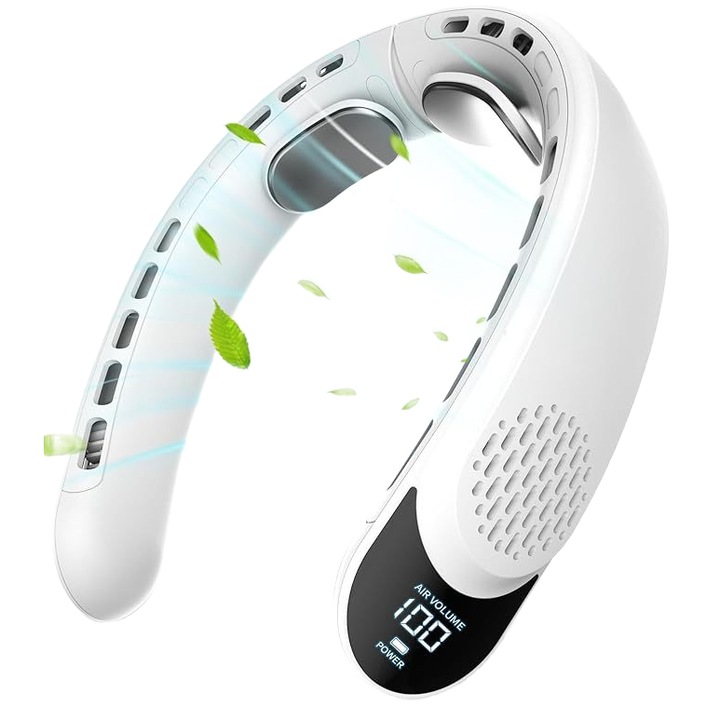 Ventilator, aer circulant 360 °, silentios, baterie 4000mAh, reglarea vitezei vantului cu 3 viteze, portabil pentru gat, alb