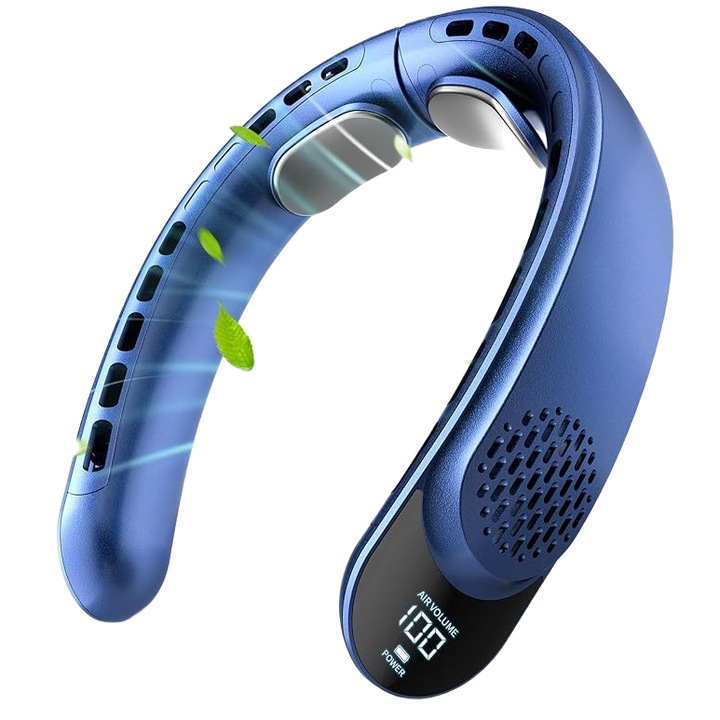 Ventilator, aer circulant 360 °, silentios, baterie 4000mAh, reglarea vitezei vantului cu 3 viteze, portabil pentru gat, Albastru