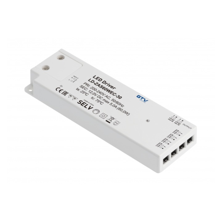 Захранване за LED осветление Easy Click, GTV, 60W, 50-60HZ, 20IP, дължина на кабела 1.5 м, размер 190x62x21 мм, 3-6 мини AMP жака, тънък корпус, бяло