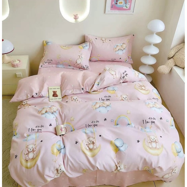 Set Lenjerie CHIRASO pentru copii, din FINET, pentru 1 sau 2 persoane, 4 piese, Cearceaf de pat 160 x 220 cm, Cearceaf pilota 155 x 200 cm, fata de perna 55 x 75 cm, cu imprimeu ursuleti, roz pudrat