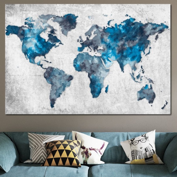 Tablou Canvas Premium, LuxCanva® L1001, Albastrul Lumii, 100 X 150 CM, Panza Bumbac 100% 400g/m2, Sasiu Lemn, Harta, Continente, Calatorie, Albastru, Gri, Colorat, Geografie, Decorativ, Arta, Modern, Acvatic, Oceanic, Birou, Living, Camera Copii