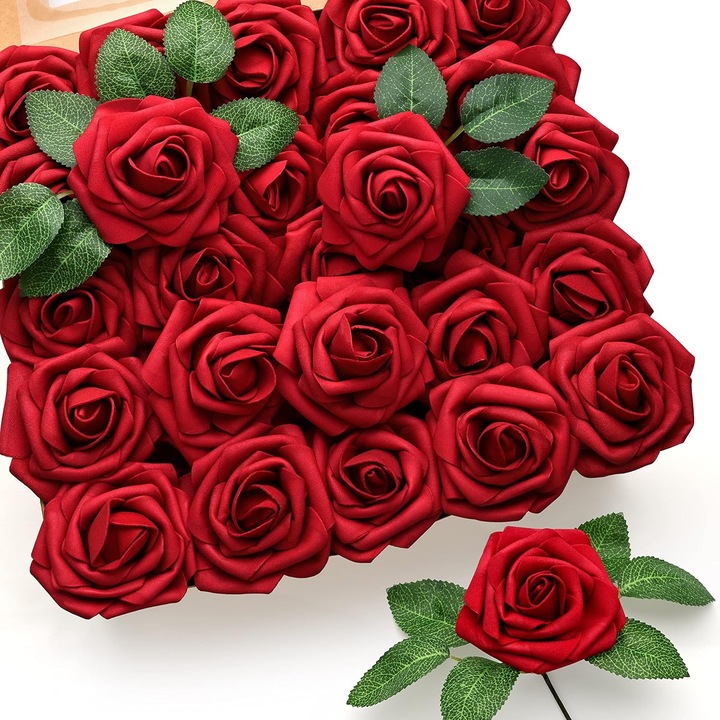 Set 25 Planta Artificiala Trandafiri rosii, tulpini DIY pentru Decoratiuni, pentru casa, ziua de nastere, decorare nunta (Rosu)