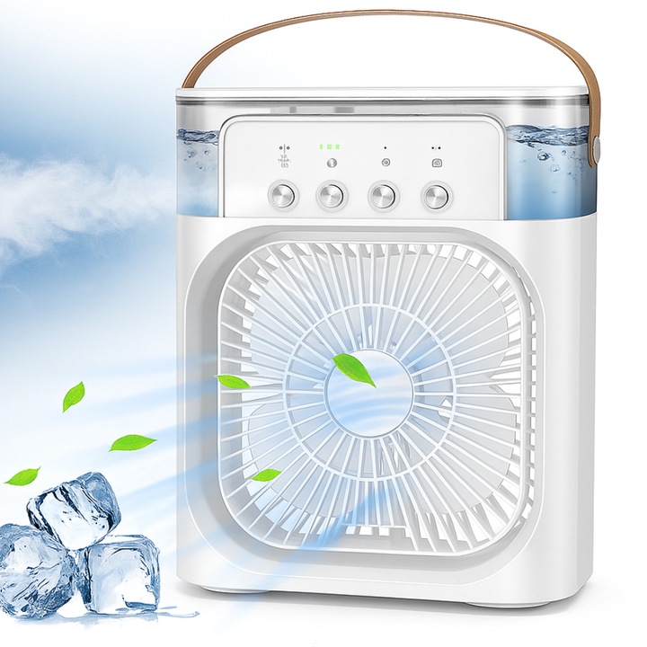 Многофункционален преносим вентилатор с пръскачка и ароматерапия IdealTI® овлажнител, LED осветление, таймер, резервоар 600 мл, 3 скорости, бял, USB