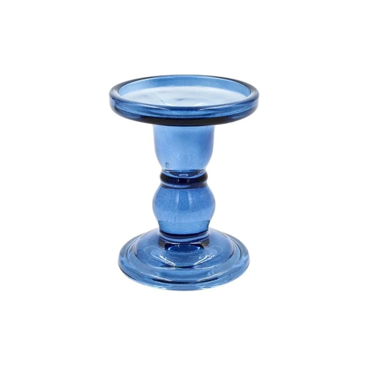 Suport pentru lumanare, tip sfesnic, din sticla albastra, cu design clasic, 11x8.5 cm, Arti Casa