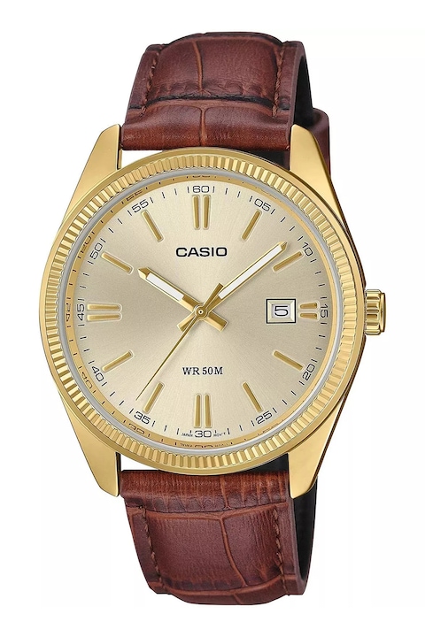 Casio, Bőrszíjas kvarc karóra, Aranyszín, Sár barna
