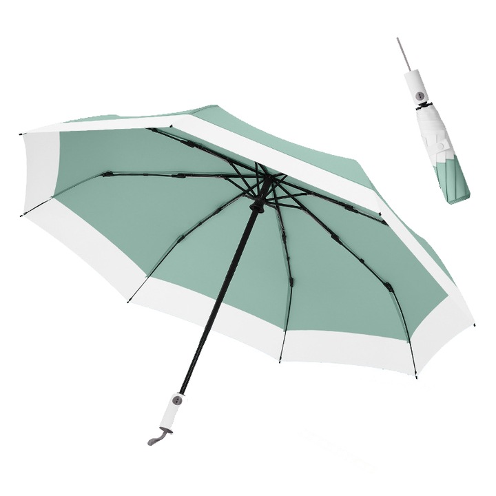 Компактен пътнически чадър, UV защита, 38,1 инча, ветроустойчив, зелен/бял