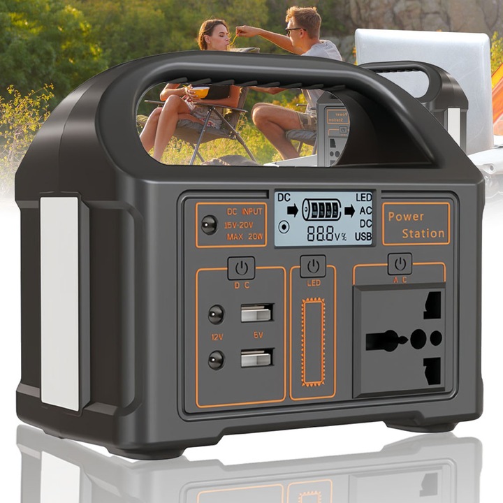 Външна батерия, захранваща станция, Excitat®, 460WH, 24000mAh, с LED дисплей, 220V, 100W, с LED светлина, Поддържа 5 устройства едновременно, Подходяща за къмпинг на открито, каравана, домашна употреба, Черна