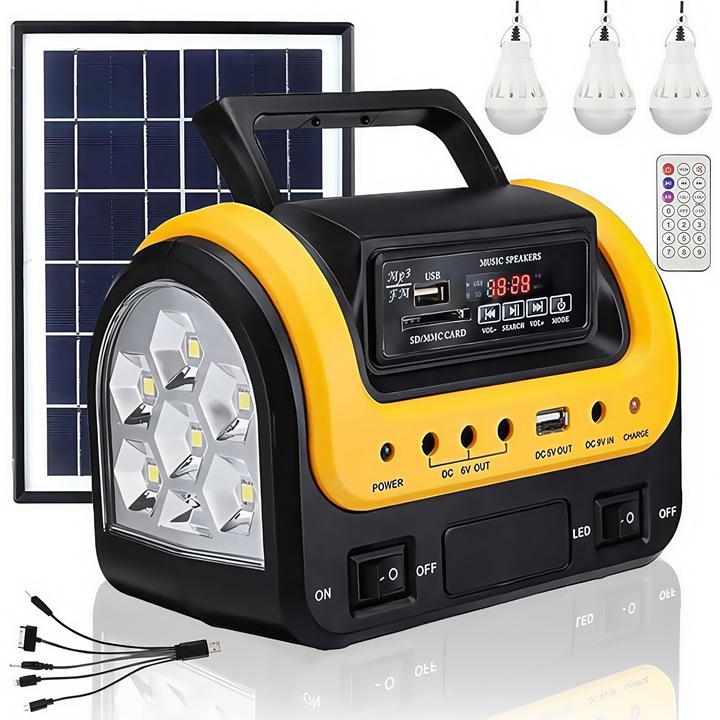 Мини преносим генератор, Excitat®, соларно зареждане, USB, 5000 mAh, с музикален плейър (поддръжка на MP3/Bluetooth/SD карта и радио), 3 комплекта LED светлини, Bluetooth, Преносим, Енергоспестяващ, издръжлив, Включва панели, соларен генератор, Жълт