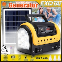 Mini generator portabil, Excitat®, incarcare solara, USB, 5000 mAh, cu player muzical (MP3/Bluetooth/SD card si suport radio), 3 seturi de lumini LED, Bluetooth, Portabil, Economisire de energie, durabil, Include panouri, generator solar, Galben