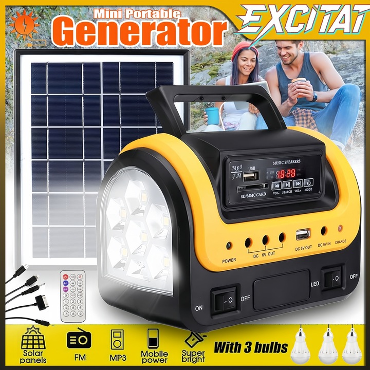 Mini generator portabil, Excitat®, incarcare solara, USB, 5000 mAh, cu player muzical (MP3/Bluetooth/SD card si suport radio), 3 seturi de lumini LED, Bluetooth, Portabil, Economisire de energie, durabil, Include panouri, generator solar, Galben