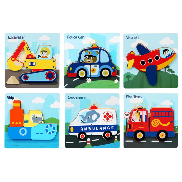 Дървена играчка-пъзел Монтесори - 6 превозни средства, образователна за развитие на умения, 1-4 години