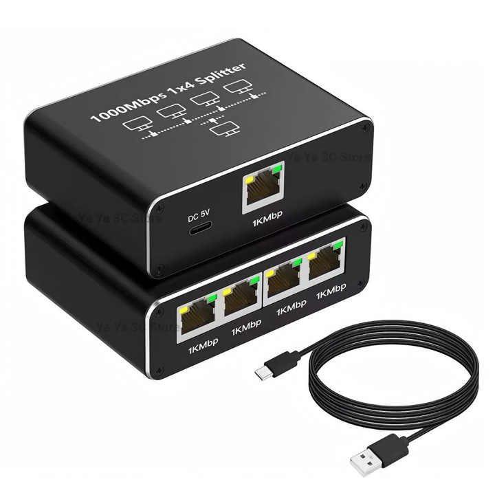 Splitter Ethernet RJ45 cu 4 Porturi, PsAyl®, Adaptor Retea Internet 1 la 4 Porturi, Carcasa din Aluminiu, Alimentare USB, Suport 1000Mbps, pentru IPTV, Router, Nergu