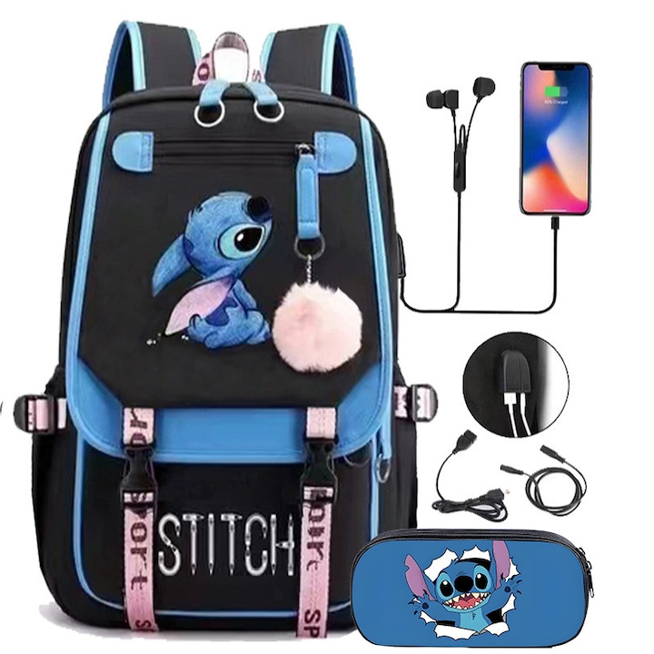 Set ghiozdan pentru fete, penar, capacitate mare, Interstelar, cu port USB, Rezistent, Albastru/Negru