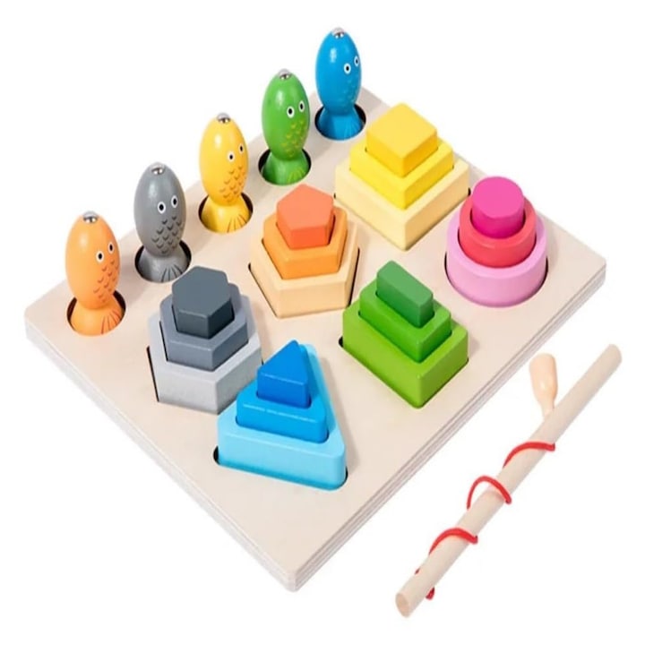 Игра 2-в-1 Дърво геометрична за сортиране и подреждане и магнитна игра за риболов, фини двигателни умения, разпознаване на цветове и форми - Играчки с блокчета пъзел за малки деца - Предучилищни игри, 3 години Образователна игра Дърво Момчета