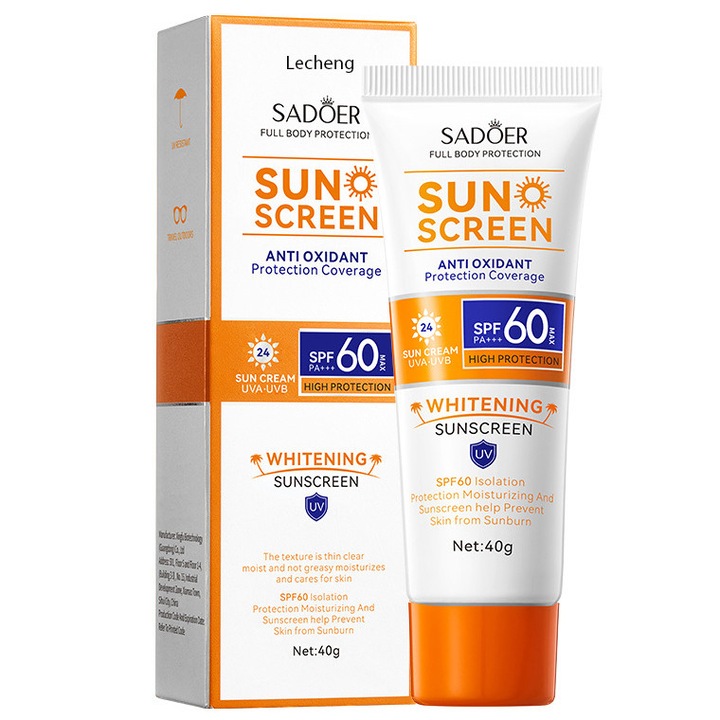 Слънцезащитен крем, SPF 60+ PA+++ за лице и тяло, освежаващ и немазен, водоустойчив, 40 г