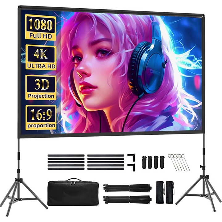 Hordozható projektorvászon, Excitat®, 16:9, HD, 4K, 100 hüvelyk, 221×110CM, Összecsukható, Kültéri filmezéshez, Alumínium állvánnyal, Szélvédőkötéllel, talajcövekkel, tárolótáskával, Fekete