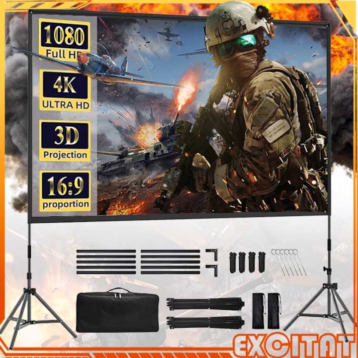 Ecran proiector portabil, Excitat®, 16:9, HD, 4K, 100 inch, 221×110CM, Pliabil, Film in aer liber, Cu suport din aluminiu, Franghie de vant, cui de pamant, geanta de depozitare, Negru