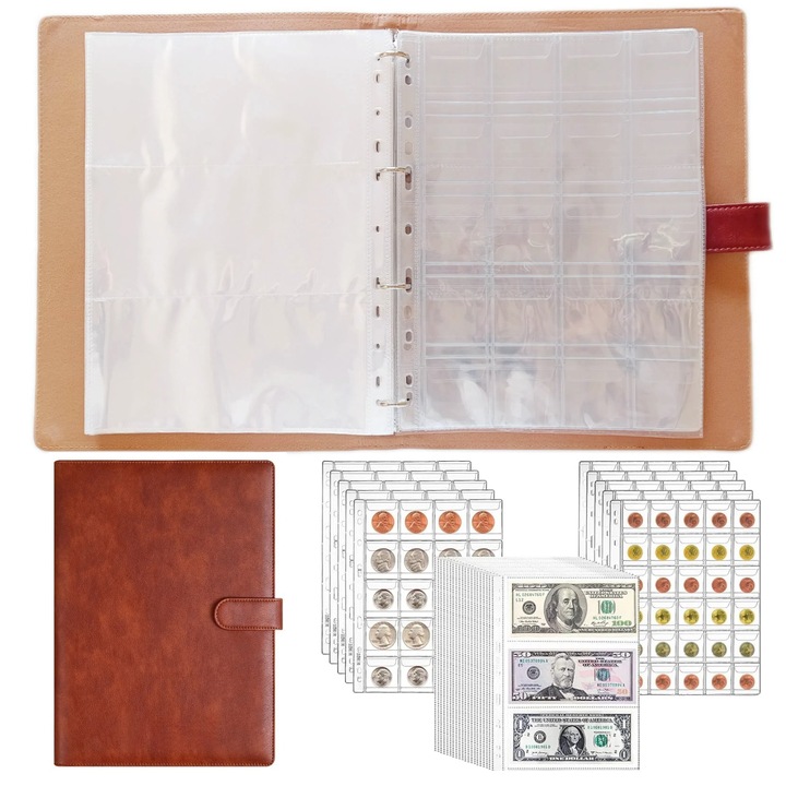 Албум за колекции от монети/банкноти, Gkllonve®, 250 пликчета за монети, 210 пликчета за банкноти, 31,5x24x3 см, червеникавокафяв