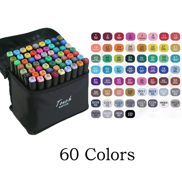 Set 60 markere colorate cu doua capete, pe baza de alcool, pentru desen artistic, uscare rapida, 17x10x16 cm, 1340g