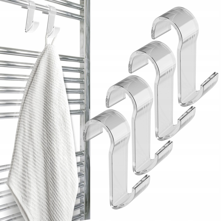 Set 4 carlige pentru radiator de baie, Sillar, plastic, 11.7 x 7 cm, transparent