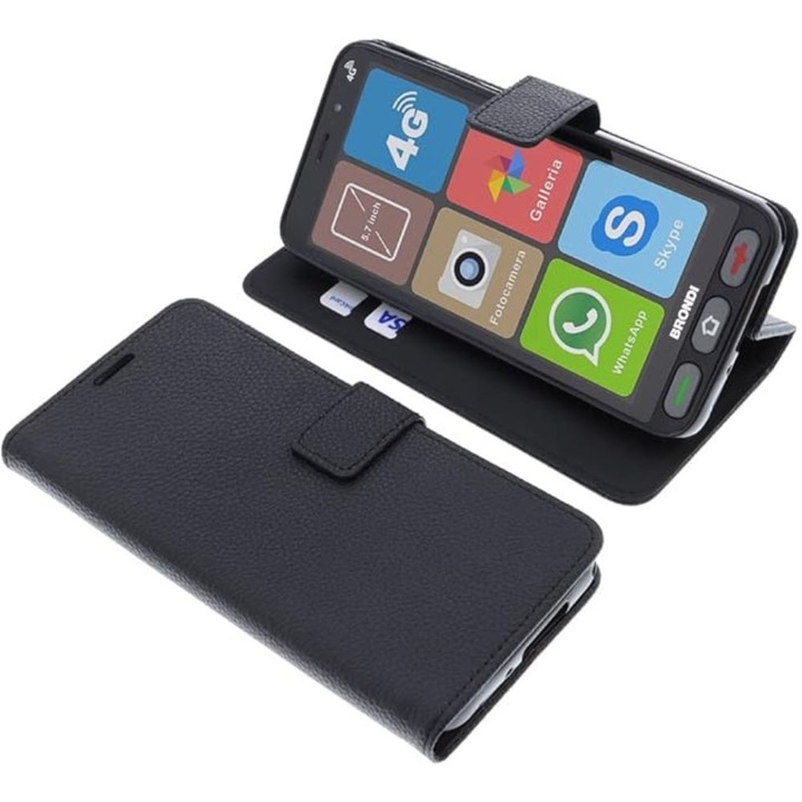 Калъф-книга, съвместима с Nokia 5.1, G-Tech Flip Book, странично магнитно закопчаване, джоб за карти, първокласна стойка, черен