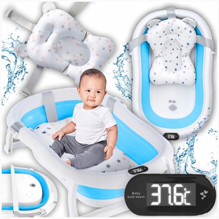 Set Cada Cu Termometru Si Perna, Kanza, Sticla, 15 Litri, Pana La 12 Kg, Elemente Antiderapante, 80 Cm X 45 Cm X 25 Cm, Albastru, 1 Cada, 1 Perna