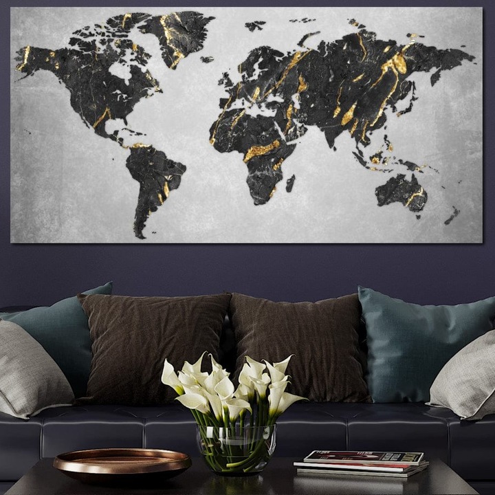 Prémium vászonkép, LuxCanva® L1006, A világ márványban és aranyban, 50 X 100 CM, 100% pamutvászon 400g/m2, Fakeret, Térkép, Világtérkép, Arany, Fekete, Luxus, Márvány, Glam, Arany, Falikép, Kortárs, Minimalista, Iroda, Nappali, Gyerekszoba