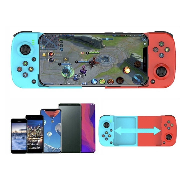 Controller Gaming N2L Store®, Wireless, Bluetooth 5.0, Compatibil Android, iOS, PC, PS, Nintendo Switch, Joystick 3D - Albastru/Rosu