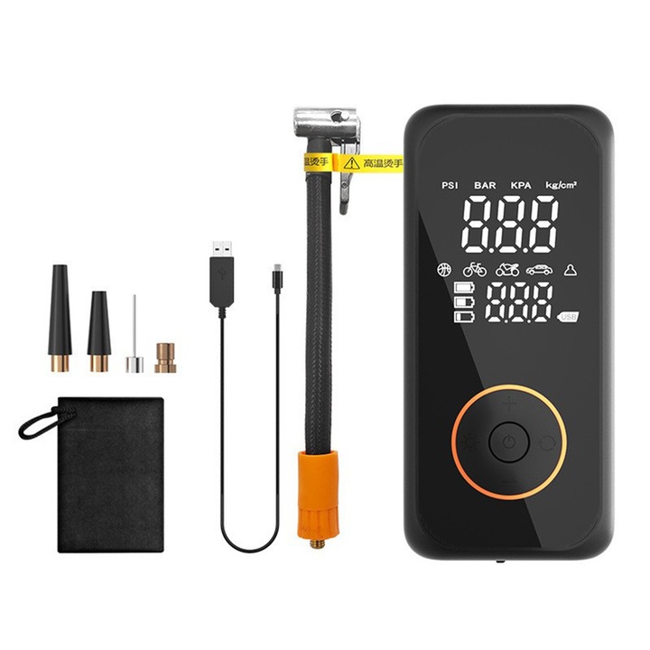Pompa Aer Auto Electrica Omelivon®, Oprire Automata, Inflare Rapida, Afisaj Digital LCD, Lanterna LED, Portabila, Reincarcare USB C, Baterie 6000 mAh, Manometru Digital, 150PSI, 30l/min, Multifunctionala, pentru Biciclete, Moto, Auto, Neagru