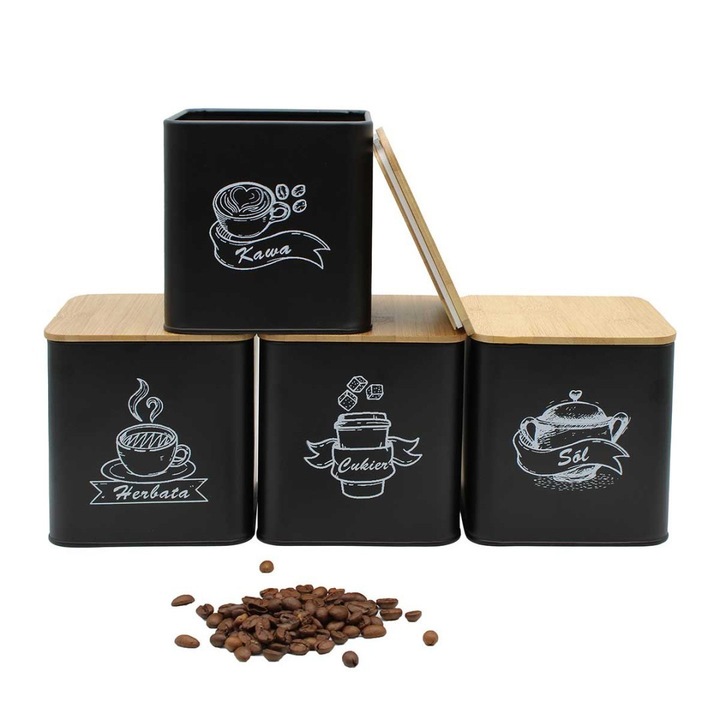 Set de 4 recipiente de bucatarie, inox, negru