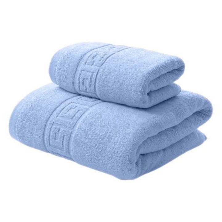 2 db-os 100% pamut törölköző szett, 500 g/m², NufJoy®, nagyon puha, OEKO TEX tanúsítvánnyal, 1 db fürdőlepedő 70x140 cm és 1 db kéztörlő 50x90 cm, szuper nedvszívó, többszöri mosást kibír, kék